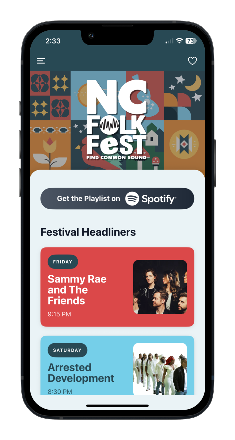NC Folk Festival app home screen